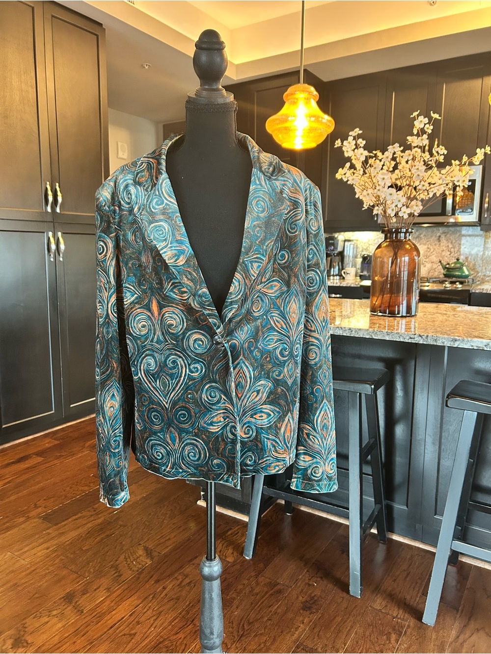 Women's Teal Patterned Open-Front Blazer